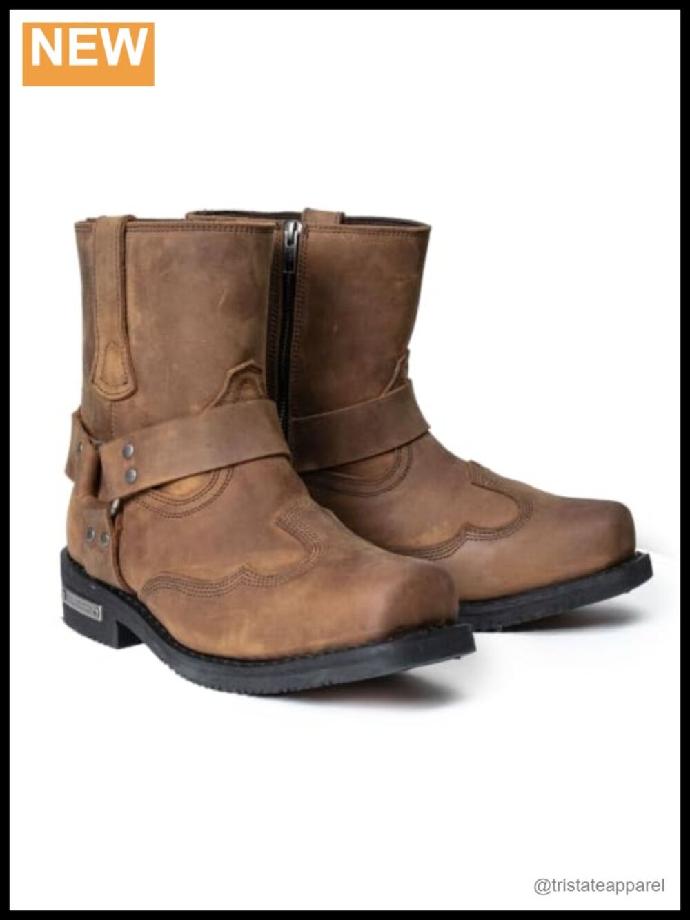 Suede Leather Harness Boots Square Toe Pull-On Zip Motorcycle
